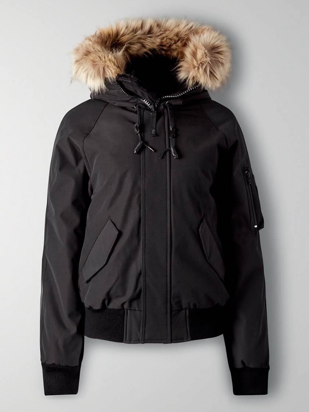 Aritzia Resort Parka Women’s Black Hooded Bomber Jacket with Fur Trim